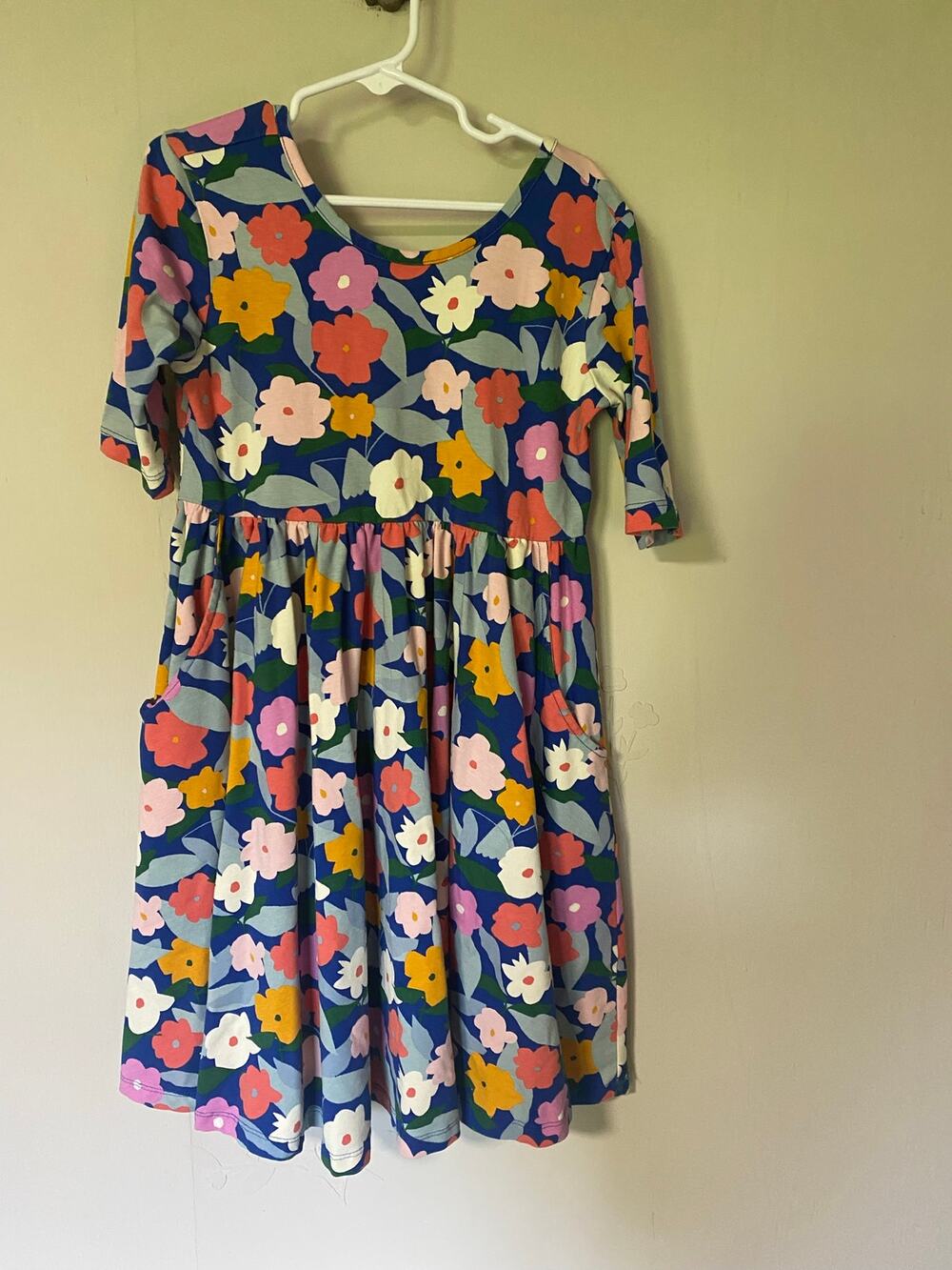 Hanna Andersson Blue Floral Print Skater Dress with Pockets Twirl Dress Cotton 8